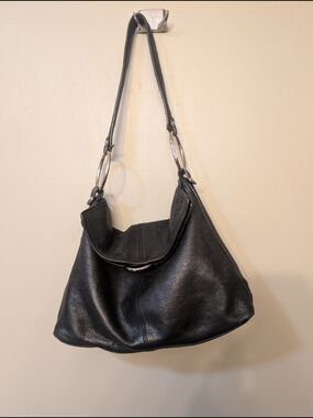 Alfani Black Pebbled Leather Shoulder Bag with Silver Rings
